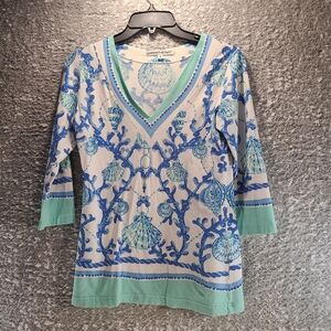 Barbara Gerwit Top Shirt Women Small Sea Print V-Neck Cotton Stretch Tunic